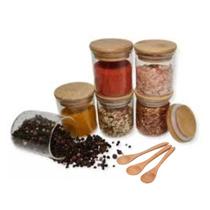 Kit 5 Potes de Vidro Hermético com Tampa de Bambu 250ml + 3 Colheres Porta Temperos e Mantimentos
