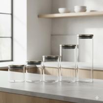 Kit 5 Potes De Vidro Hermetico Inox Multiuso Condimentos
