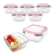 Kit 5 Potes De Vidro Tampa Hermético Redondo 2 Divisórias Marmita Fit 4 Travas 490ml