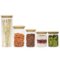 Kit 5 Potes Hermético Em Vidro Transparente Tampa Bambu Porta Alimentos Anel De Vedação Tamanho Grande