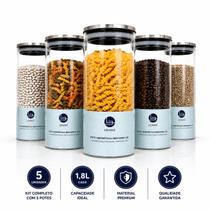 Kit 5 Potes Herméticos 1,8L Vidro Borossilicato com Tampa Inox para Alimentos Kit 5 Potes Herméticos 1,8L Vidro Borossilicato com Tampa Inox para Alimentos