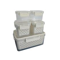 Kit 5 Potes Herméticos Com Cesto Escorredor Porta Alimentos Transparente Kit 5 Potes Herméticos Com Cesto Escorredor Porta Alimentos Transparente