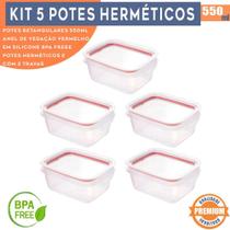 Kit 5 Potes Herméticos Porta Frios Retangulares 550ml com Travas Laterais Marmitas e Armazenamento de Alimentos na Geladeira