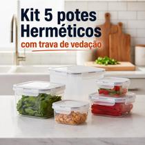 Kit 5 Potes Herméticos Quadrados Com Trava Cozinha Hercules