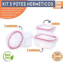 Kit 5 Potes Herméticos Trava Mais com Tampa e Travas Laterais Empilháveis Alimentos Freezer Micro-ondas 550 e 380 ml