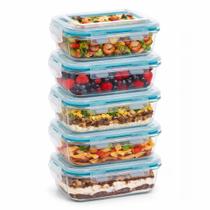 Kit 5 Potes Herméticos Vidro 640ml Retangular Marmita Almoço Kit 5 Potes Herméticos Vidro 640ml Retangular Marmita Almoço