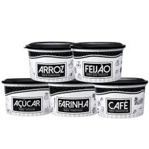 Kit 5 Potes Mantimentos 2 Litros Plastico Decorado Black Cozinha Basico Cafe Acucar Arroz e Feijão Farinha Com Tampa Exclusivo Armario