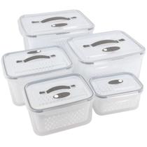 Kit 5 Potes Organizadores Geladeira Com Cesto De Drenagem Kit 5 Potes Organizadores Geladeira Com Cesto De Drenagem