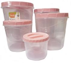 Kit 5 Potes para Alimentos Plástico Redondo com Tampa Rosca Usual Utilidades