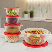Kit 5 Potes Plastico Redondos Bowl Livre Bpa Cor:VERM TRANSP