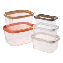 Kit 5 Potes Plástico Retangulares Linha Conect com Tampa Colorida Plasutil