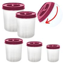 Kit 5 Potes Porta Mantimentos Tampa Rosca Vermelha Potes Organizadores Transparente
