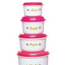 Kit 5 Potes Redondo Branco e Tampa Vermelha Para Mantimentos Kit 5 Potes Redondo Branco e Tampa Vermelha Para Mantimentos