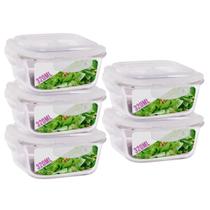 Kit 5 Potes Tampa Hermetica Quadrado de Vidro 320ml Alimento Kit 5 Potes Tampa Hermetica Quadrado de Vidro 320ml Alimento