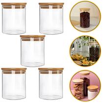 Kit 5 Potes Temperos 500ml Mantimento Vidro Liso Tampa De Bambu Reforçado