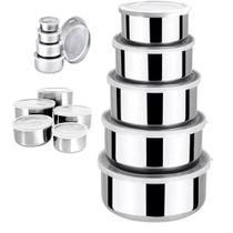 Kit 5 potes tigelas inox guarda alimento bowl saladeira jogo vasilha com tampa hermetico aluminio