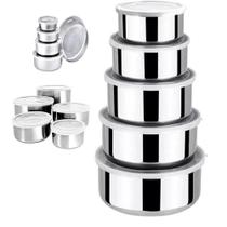 Kit 5 Potes Tigelas Inox Guarda Alimento Bowl Saladeira Jogo Vasilha Com Tampa Hermetico Aluminio