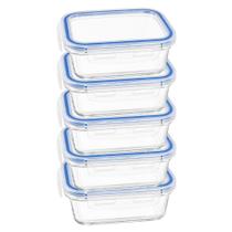Kit 5 Potes Vidro com Tampa Hermética 640ml Retangular Transparente Refratário Marmita e Mantimentos
