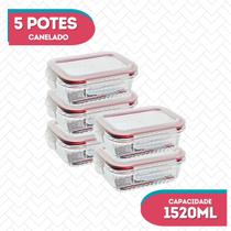 Kit 5 Potes Vidro Hermético Canelado Marmita Fitness 1520ml Kit 5 Potes Vidro Hermético Canelado Marmita Fitness 1520ml