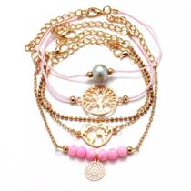 Kit 5 Pulseiras Dourada Detalhes Rosa Árvore Da Vida K5588