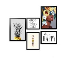 Kit 5 Quadros Decorativos Com Moldura Mulher Happy