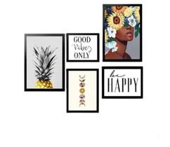 Kit 5 Quadros Decorativos Com Molduras Pretas Be Happy