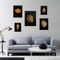 Kit 5 Quadros Folhas Douradas Fundo Preto - Com Vidro