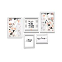 Kit 5 Quadros Frases Mosaico Bege E Branco - Moldura E Vidro