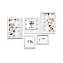 Kit 5 Quadros Frases Mosaico Bege E Branco - Moldura E Vidro