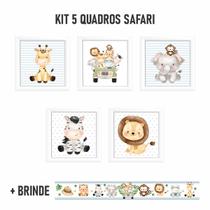 Kit 5 Quadros Infantil Tema Safari Quarto Bebê Menina/Menino