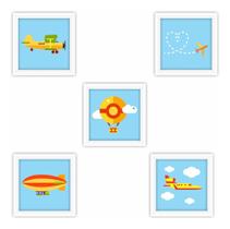 Kit 5 Quadros Infantis Bebe Crianças Com Moldura Aviões Kit 5 Quadros Infantis Bebe Crianças Com Moldura Aviões