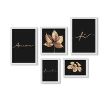 Kit 5 Quadros Moldura Branca Amor Familia Dourado