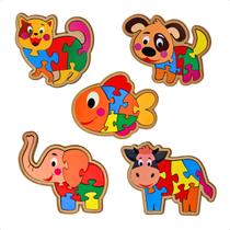 Kit 5 Quebra-cabeça Infantil Animais Brinquedo Educativo MDF - Maninho - 3 anos