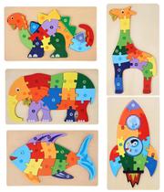 Kit 5 Quebra-Cabeças de Madeira 3D Infantil Educativo e Lúdico