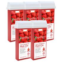 Kit 5 Refil Cera Depilatoria Corporal Profissional Depilação Roll On Depilflax Morango 100g