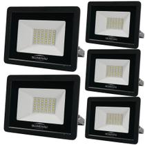 Kit 5 Refletor De Led Slim 30w Prova Dágua Preto Bivolt 6500k Frio