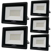 Kit 5 Refletor De Led Slim 50w Prova Dágua Preto Bivolt 6500k Frio