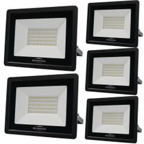 Kit 5 Refletor de Led Slim 50W Prova Dágua Preto Bivolt