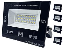 kit 5 Refletor LED 50W Holofote Prova D'água Frio - MX