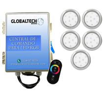 Kit 5 Refletor Led Piscina Rgb 9W Inox + Central Touch Rosca