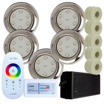 Kit 5 Refletores HIDRAMAX SMALL Led 9w RGB Inox + 5 Adapt. 50mm + Comando chinês + Fonte 5A Kit 5 Refletores HIDRAMAX SMALL Led 9w RGB Inox + 5 Adapt. 50mm + Comando chinês + Fonte 5A