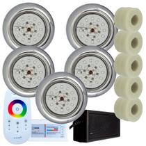 Kit 5 Refletores Led 18w RGB Inox e Adaptadores Cano 50mm e Comando para Iluminação Piscina Kit 5 Refletores Led 18w RGB Inox e Adaptadores Cano 50mm e Comando para Iluminação Piscina