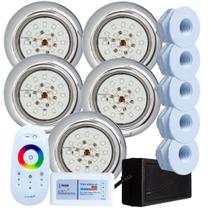 Kit 5 Refletores Led 18w RGB Inox e Comando para Iluminação Piscina Fibra