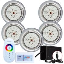 Kit 5 Refletores Led 18w RGB Inox e Comando para Iluminação Piscina