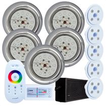 Kit 5 Refletores Led 18w RGB Inox e Comando para Iluminação Piscina Vinil