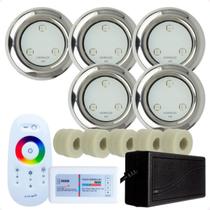 Kit 5 Refletores Led 6w RGB Inox S e Adaptadores Cano 50mm e Comando para Iluminação Piscina Kit 5 Refletores Led 6w RGB Inox S e Adaptadores Cano 50mm e Comando para Iluminação Piscina