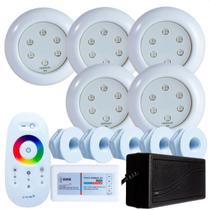Kit 5 Refletores Led 9w RGB ABS e Comando Iluminação Para Piscina Fibra