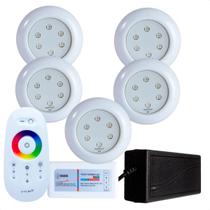 Kit 5 Refletores Led 9w RGB ABS e Comando para Iluminação Piscina