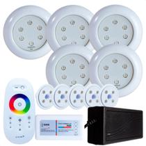 Kit 5 Refletores Led 9w RGB ABS e Comando para Iluminação Piscina Vinil