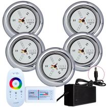 Kit 5 Refletores Led 9w RGB Inox e Comando para Iluminação Piscina